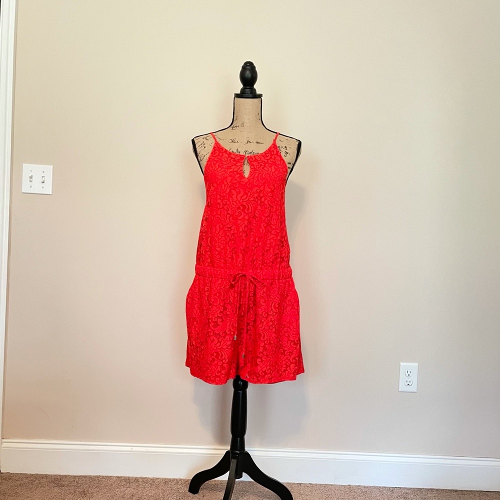 Romper: Crochet V-Neck Lace Red w/ Drawstrings